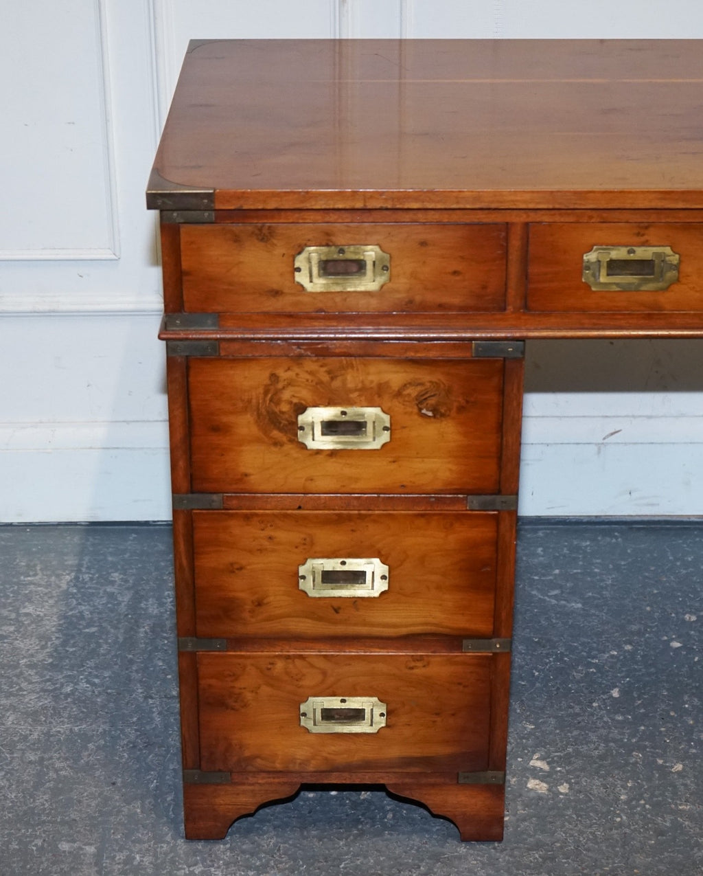 VINTAGE MILITARY CAMPAIGN YEW WOOD TWIN PEDESTAL DESK