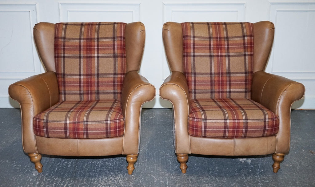 STUNNING PAIR OF  ALEXANDER & JAMES LAWRENCE LEATHER & FABRIC WINGBACK ARMCHAIRS