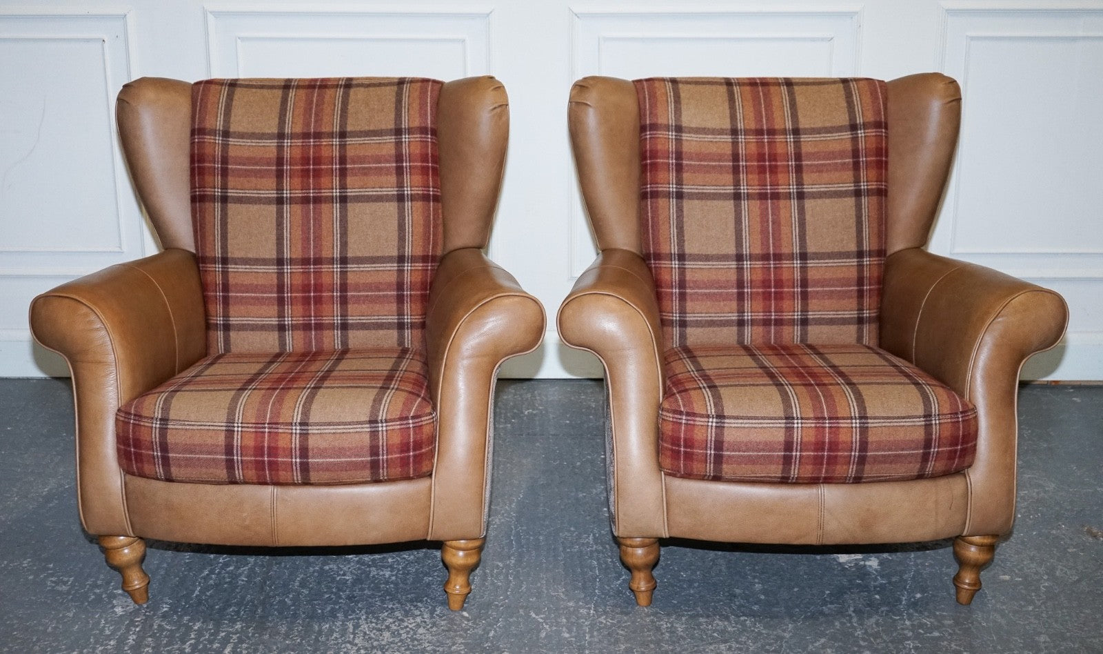 STUNNING PAIR OF  ALEXANDER & JAMES LAWRENCE LEATHER & FABRIC WINGBACK ARMCHAIRS