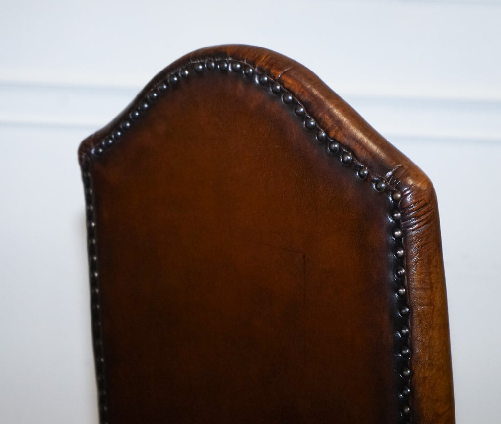 8 RESTORED CROMWELLIAN HAND DYED WHISKEY BROWN LEATHER DINING CHAIRS