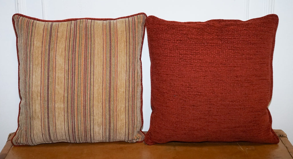 VINTAGE PAIR OF BEIGE STRIPPED & BURNT ORANGE FEATHER FILLED SCATTER CUSHIONS