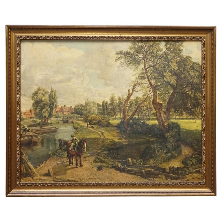 VINTAGE FRAMED COUNTRYSIDE LANDSCAPE PRINT RIVER SCENE WiTH HORSES AND TREES