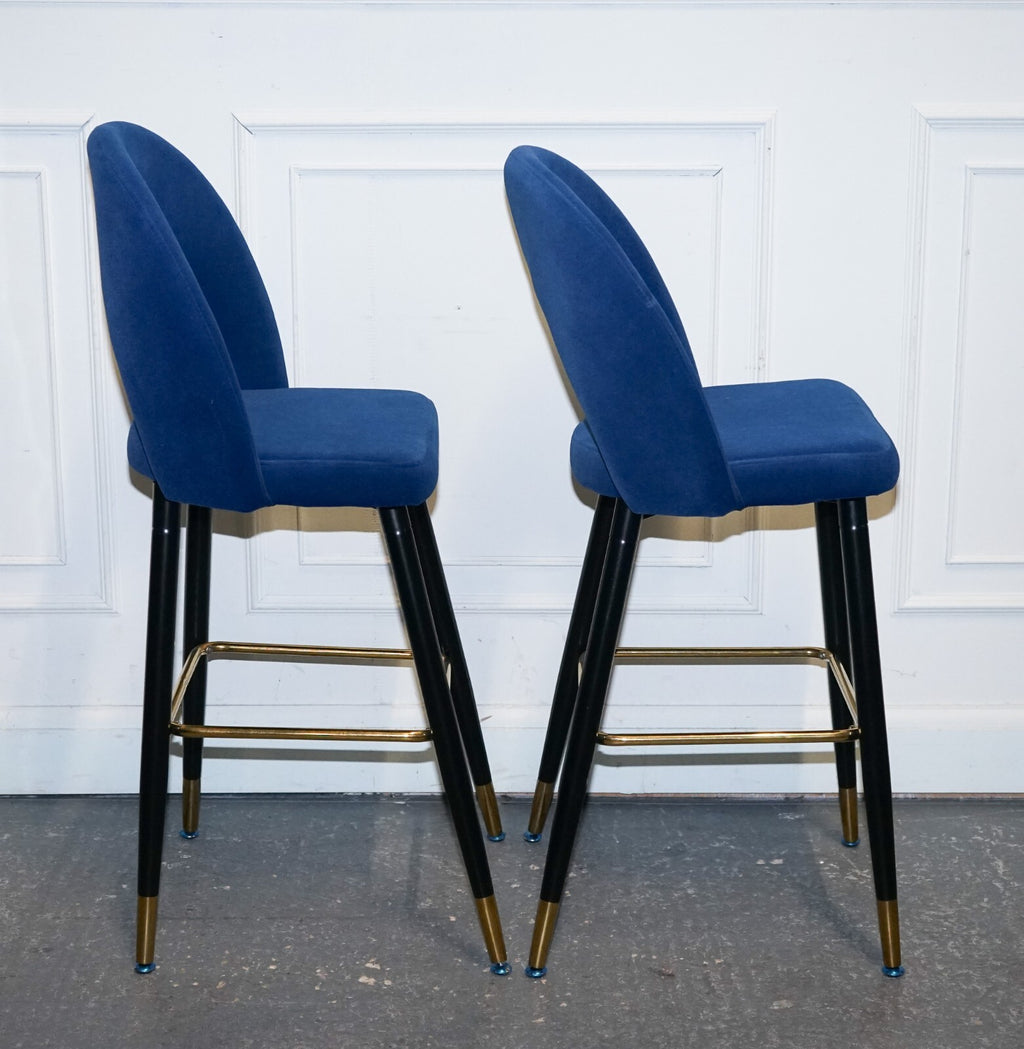 BEAUTIFUL PAIR OF BLUE VELVET BAR CHAIRS WITH GOLD DETAIL ON THE FRAME