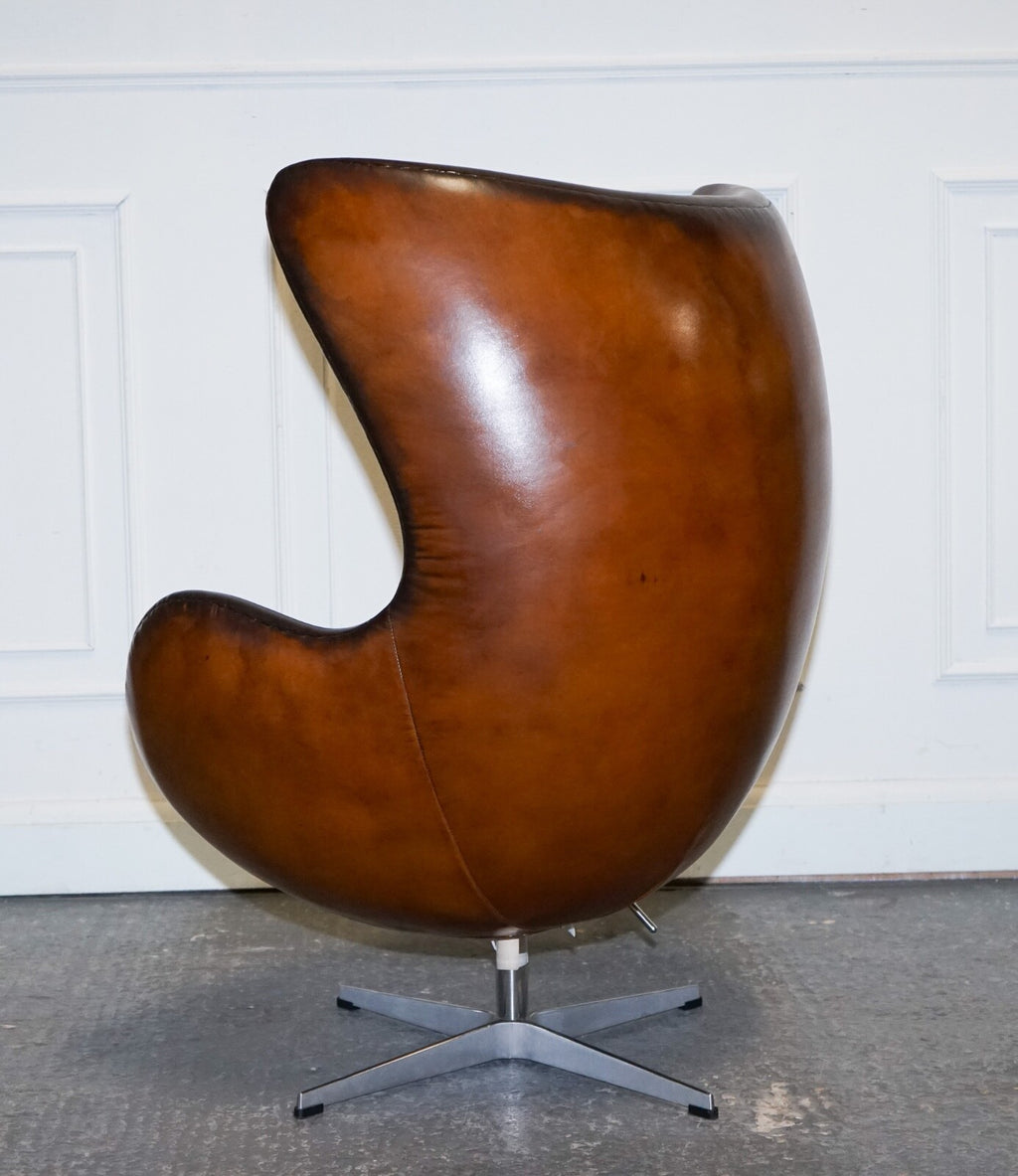 FRITZ HANSEN STYLE VINTAGE HAND DYED WHISKEY BROWN EGG CHAIR