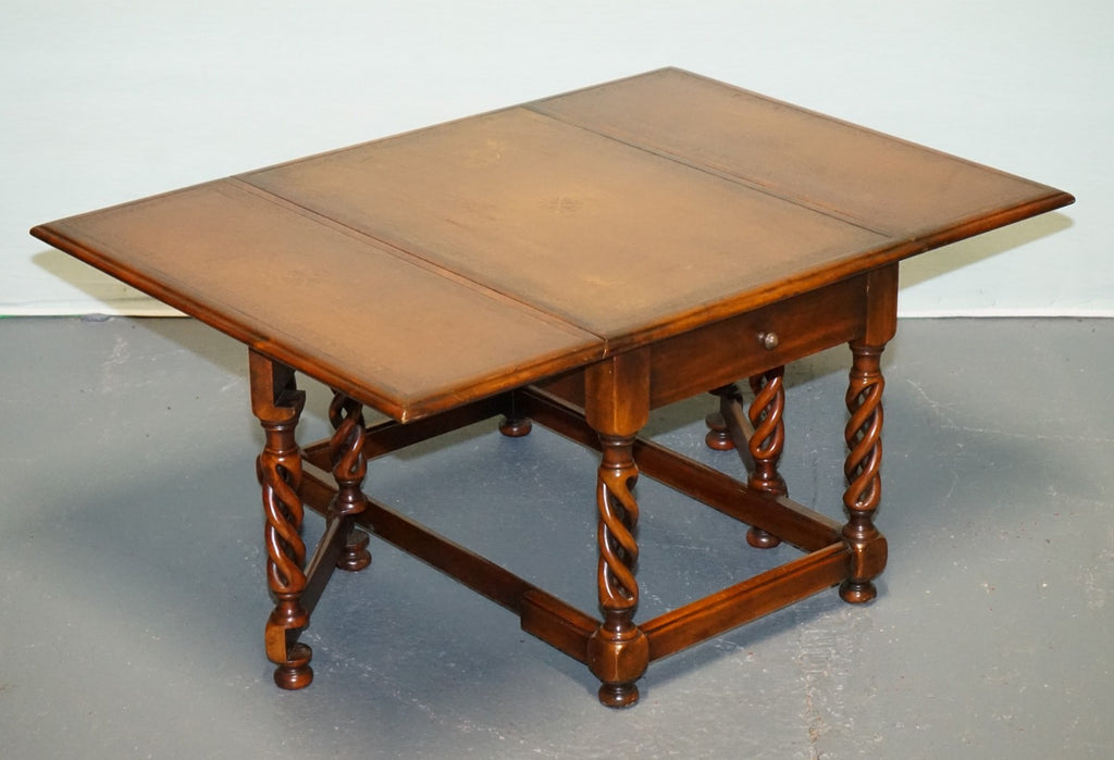ELEGANT THEODORE ALEXANDER DROP LEAF BARLEY TWIST TABLE WITH LEATHER TOP