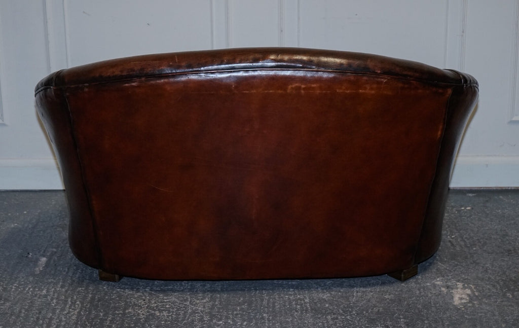 1920'S ART DECO RESTORED HAND DYED WHISKEY BROWN SUITE SOFA ARMCHAIRS FOOTSTOOLS