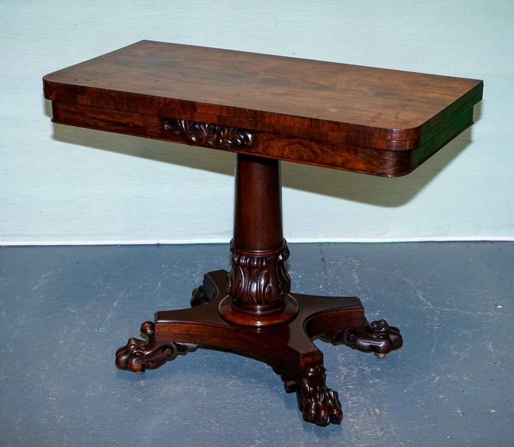 ANTIQUE 1830s WILLIAM IV FOLDING PEDESTAL CARD GAME TABLE CARVED PAW BASE