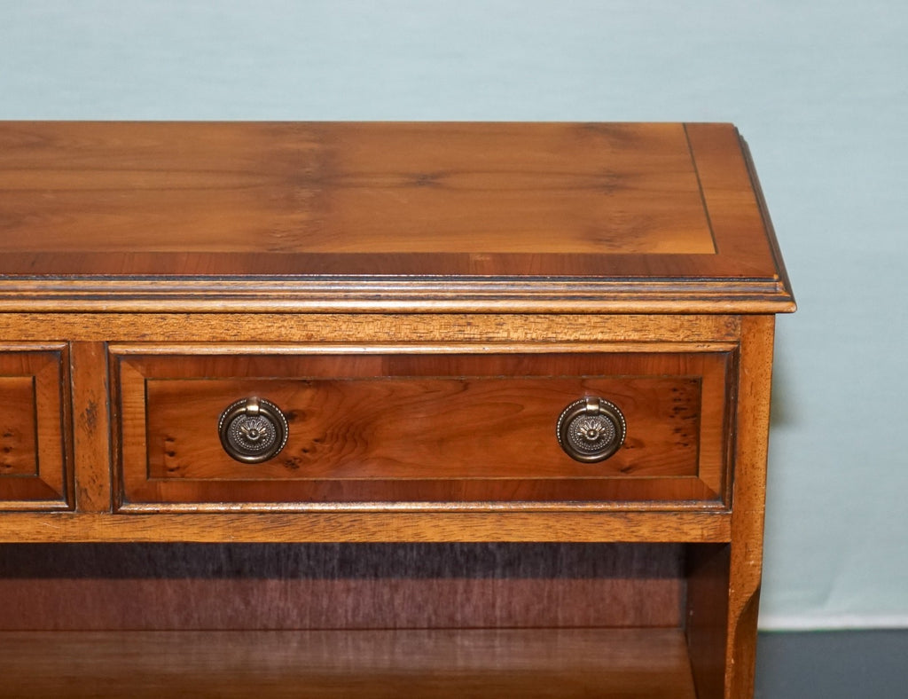 ELEGANT VINTAGE YEW WOOD LOW DWARF BOOKCASE WITH TWO STORAGE DRAWERS
