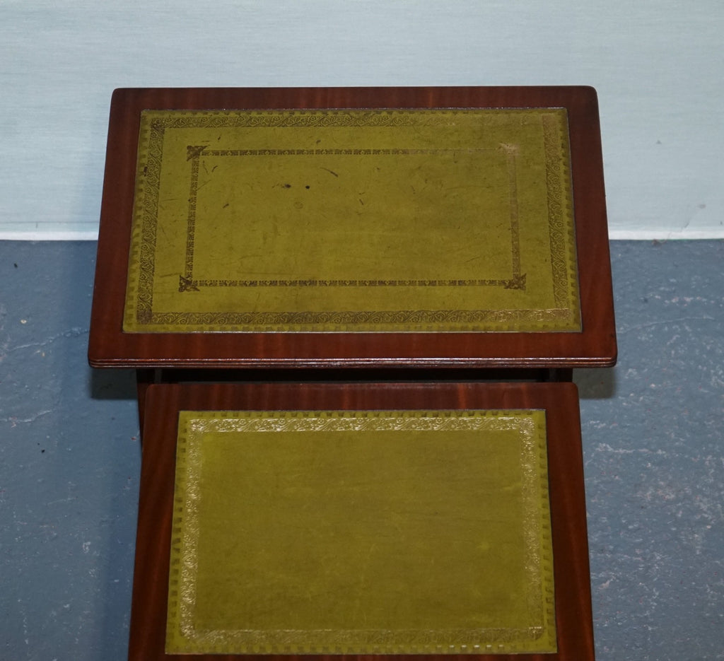 VINTAGE LYRE BASE GREEN LEATHER TOP NEST OF TABLES SIDE TABLES