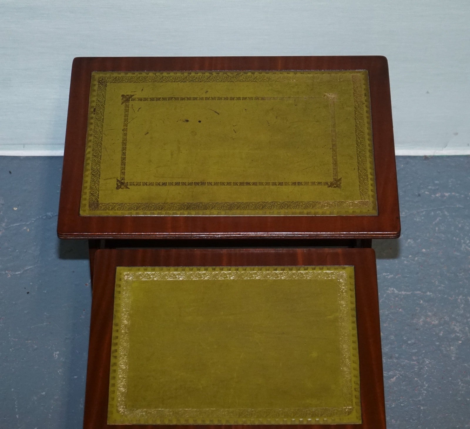 VINTAGE LYRE BASE GREEN LEATHER TOP NEST OF TABLES SIDE TABLES
