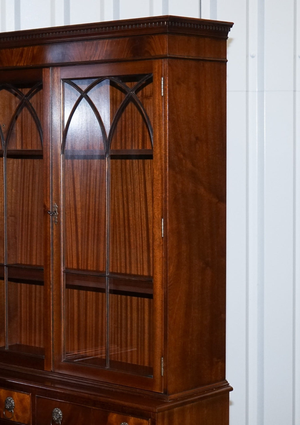 PAIR GEORGIAN STYLE DISPLAY CABINETS BOOKCASES WITH BRASS LION HANDLES