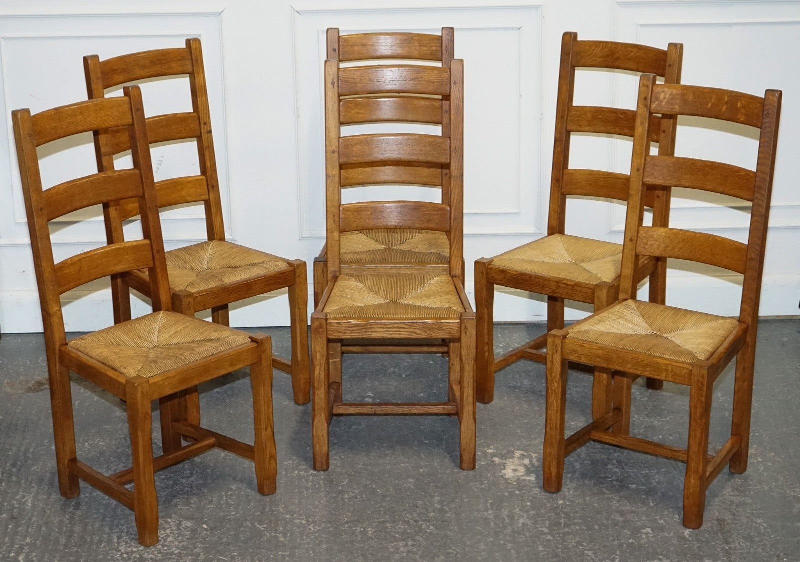 1950'S FRENCH SET OF 6 FARM COUNTRY HOUSE LADDER BACK DINING CHAIRS STRAW SEATS
