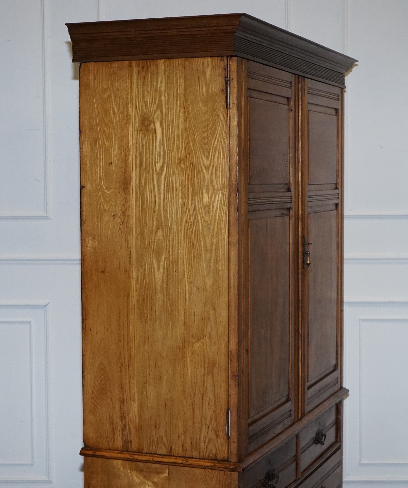 ANTIQUE VICTORIAN ENGLISH OAK LINEN PRESS WARDROBE WITH FOUR DRAWERS