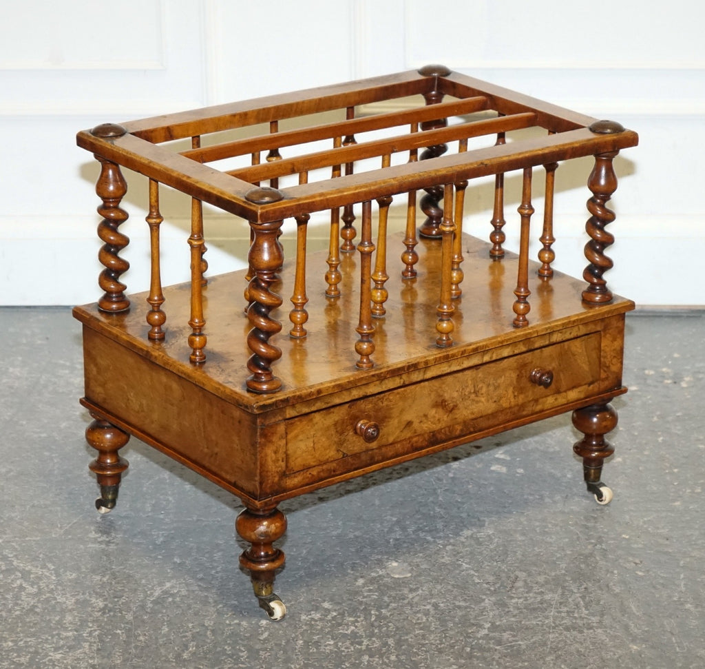 FINE ANTIQUE VICTORIAN 1860 BURR WALNUT CANTERBURY MAGAZINE RACK BOBBIN COLUMNS