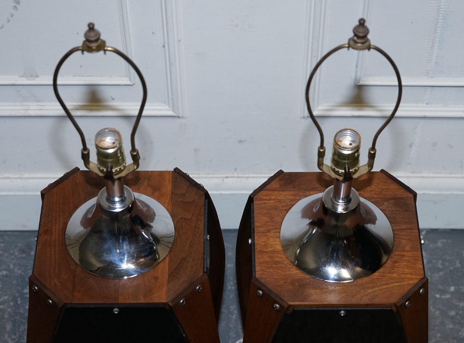 PAIR OF LARGE MODERN DANISH ACRYLIC & TEAK MID CENTURY LAMPS