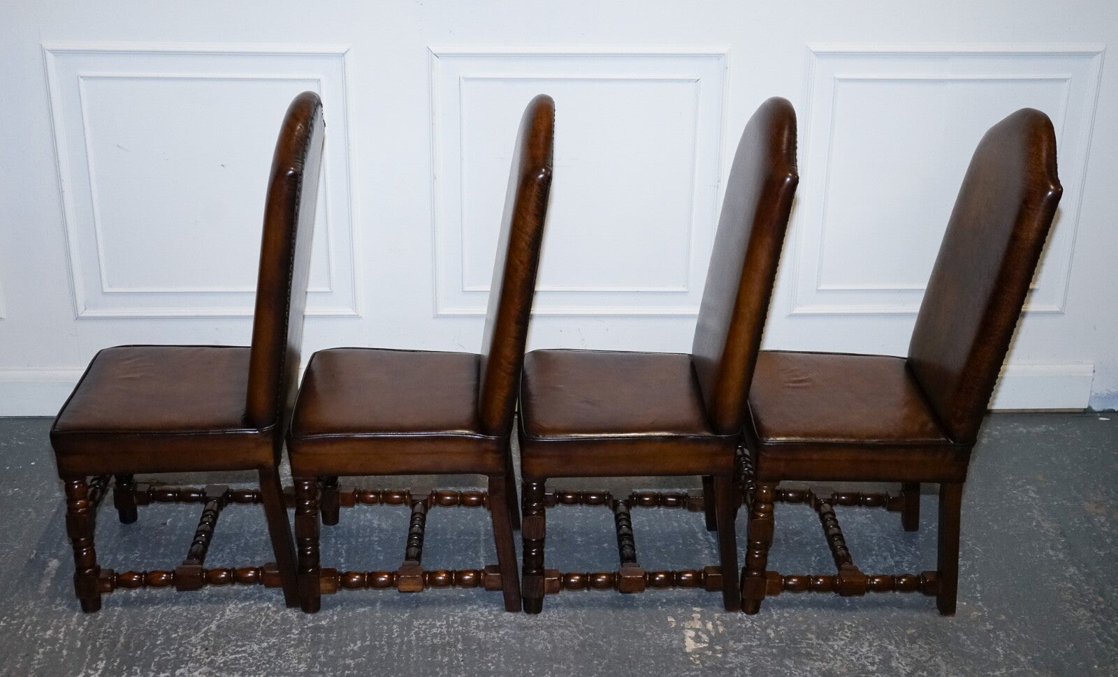 8 RESTORED CROMWELLIAN HAND DYED WHISKEY BROWN LEATHER DINING CHAIRS