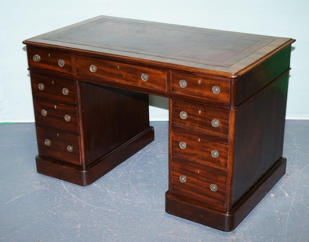 ANTIQUE VICTORiAN HARDWOOD PEDESTAL DESK WITH TOOLED LEATHER TOP