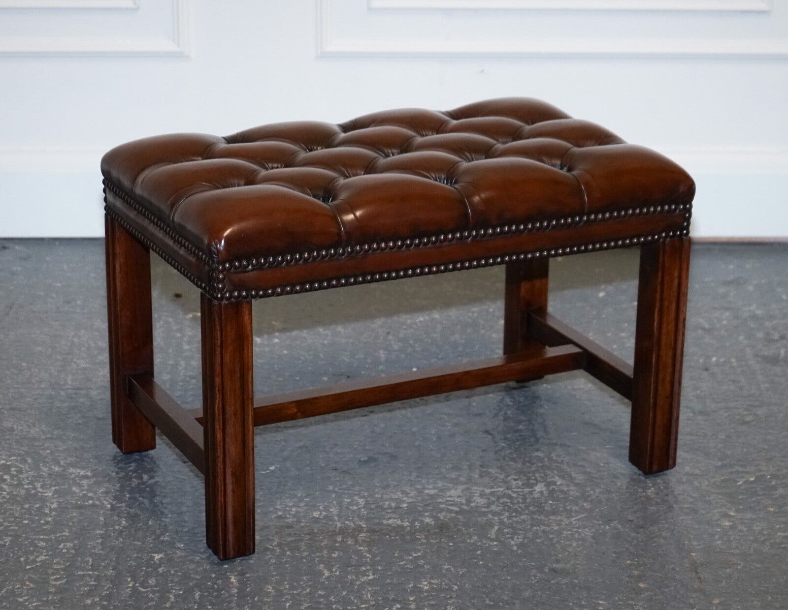 VINTAGE FULLY RESTORED CHESTERFIELD HAND DYED BROWN LEATHER TUFFED FOOTSTOOL