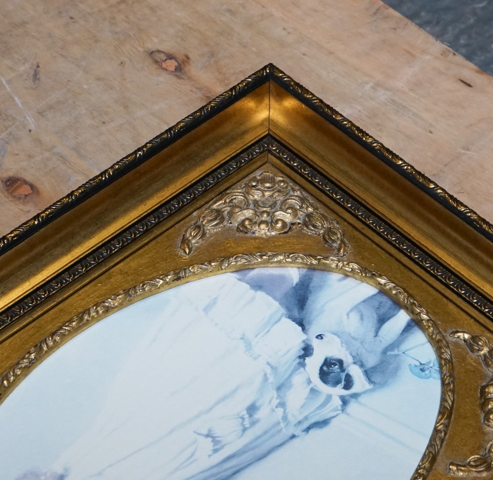 VINTAGE PRINT GILTED FRAME LITTLE GIRL AND DOG POSING 52 X 42 CM