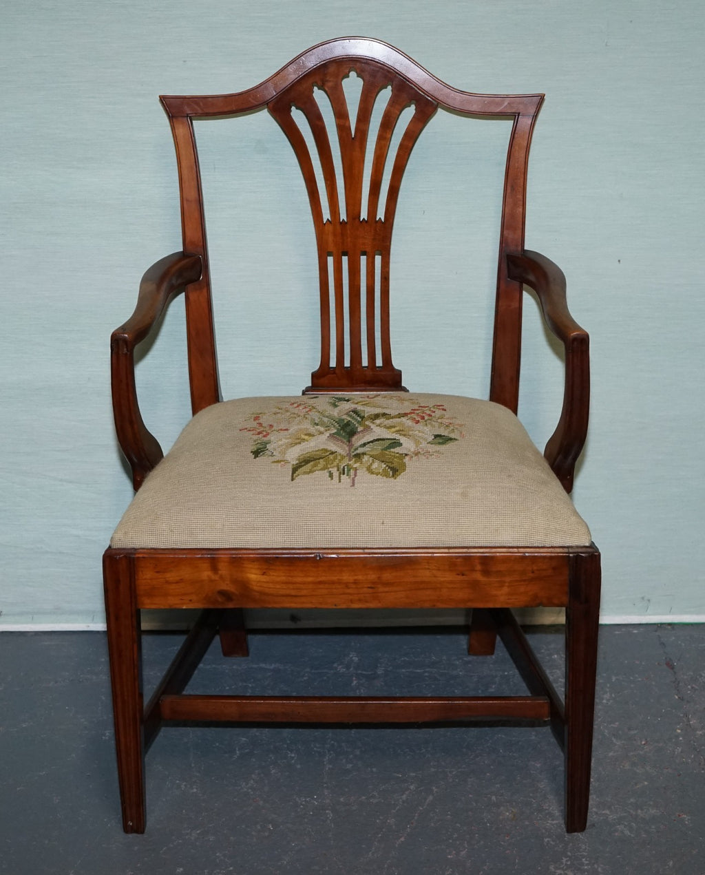 19TH CENTRY SINGLE HEPPLEWHITE ELBOW ARMCHAIR WITH FLORAL NEEDLEPOINT CUSHION