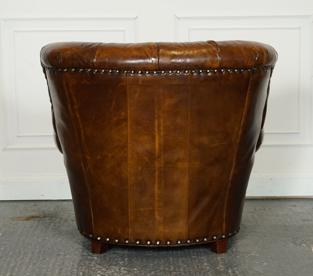 FULLY RESTORED HAND DYED LEATHER WRITERS READING ARMCHAIR WITH FOOTSTOOL