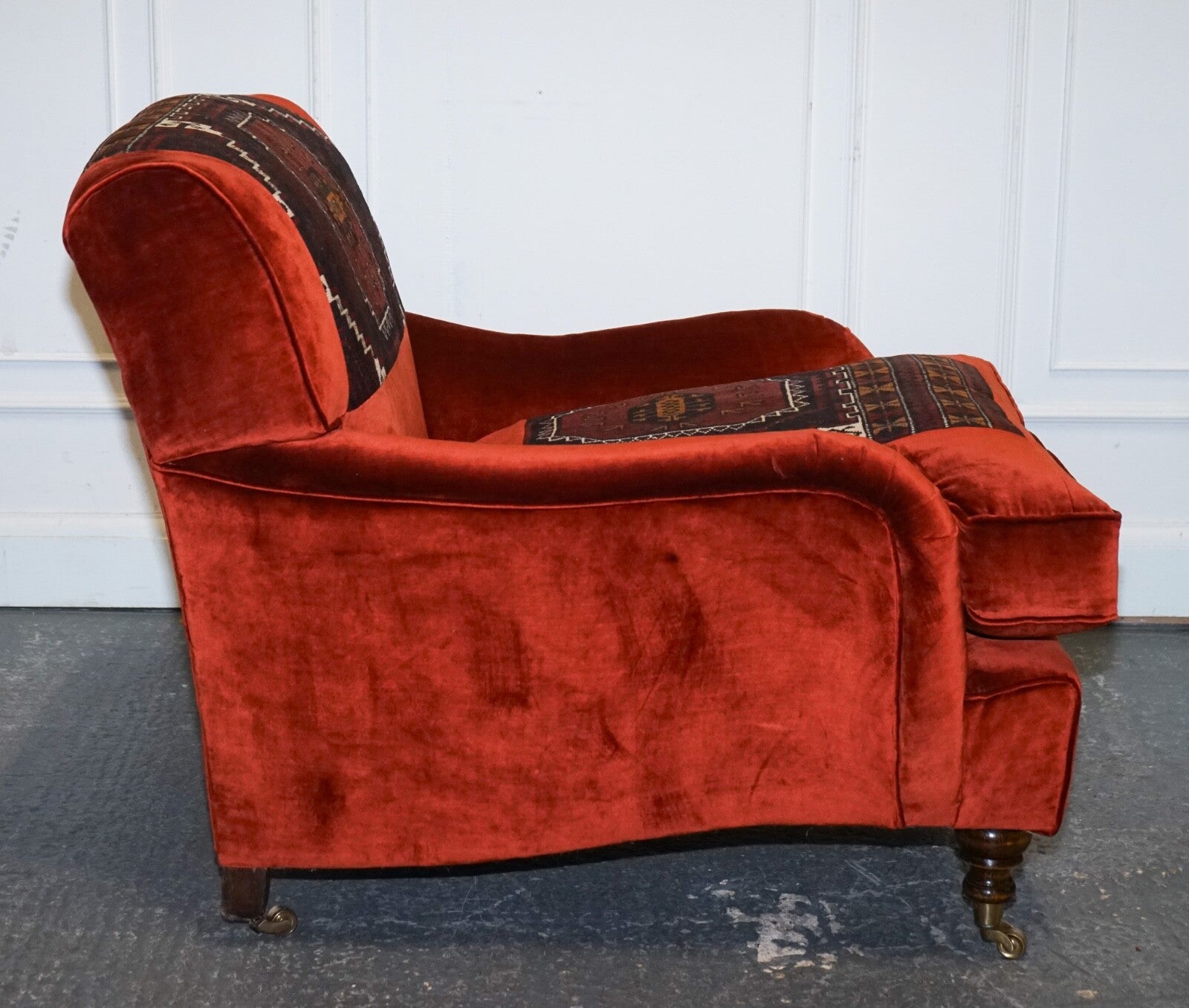 VINTAGE RED VELVET & AZTEC KILIM UPHOLSTERED HOWARD GEORGE SMITH STYLE ARMCHAIR