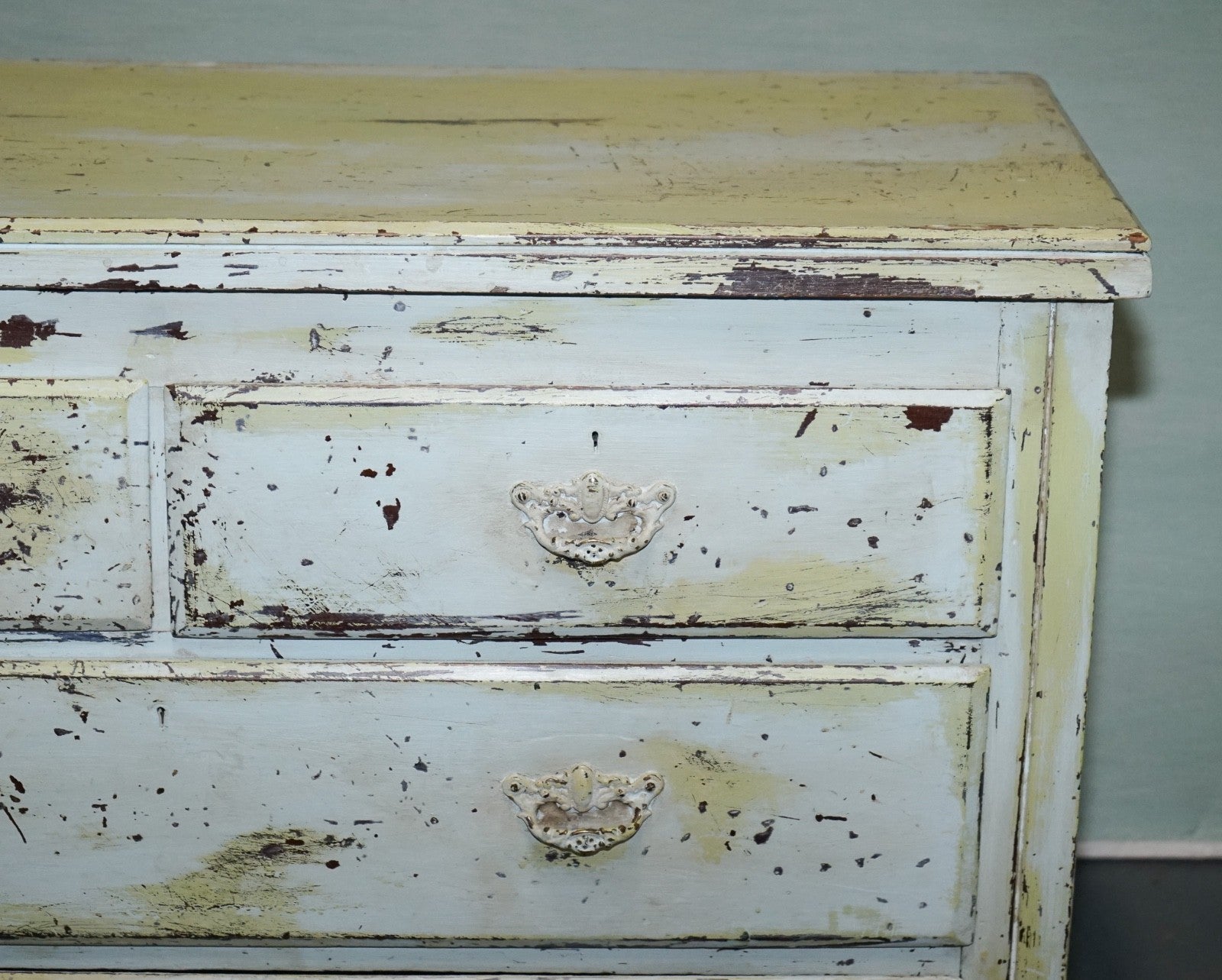 ANTIQUE HAND PAINTED PALE PINE GREEN THREE DRAWER CHEST OF DRAWERS