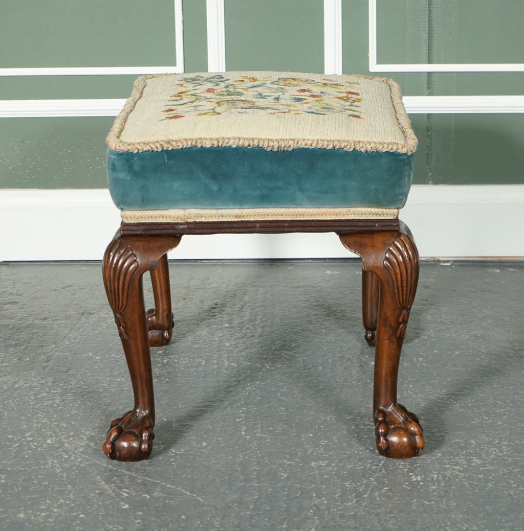 FINE LATE VICTORIAN FLOWER UPHOLSTERY CLAW AND BALL FOOT STOOL