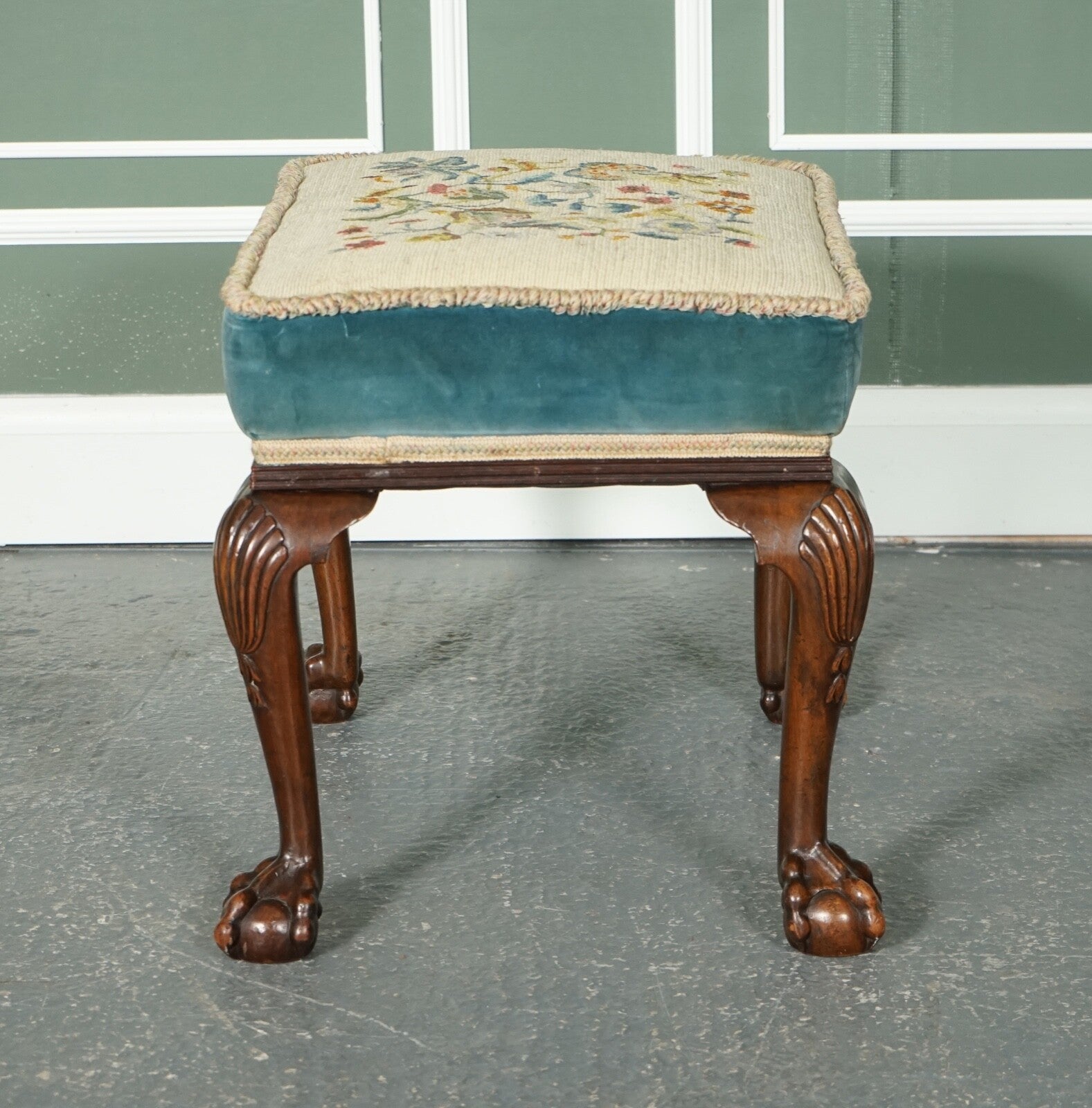 FINE LATE VICTORIAN FLOWER UPHOLSTERY CLAW AND BALL FOOT STOOL