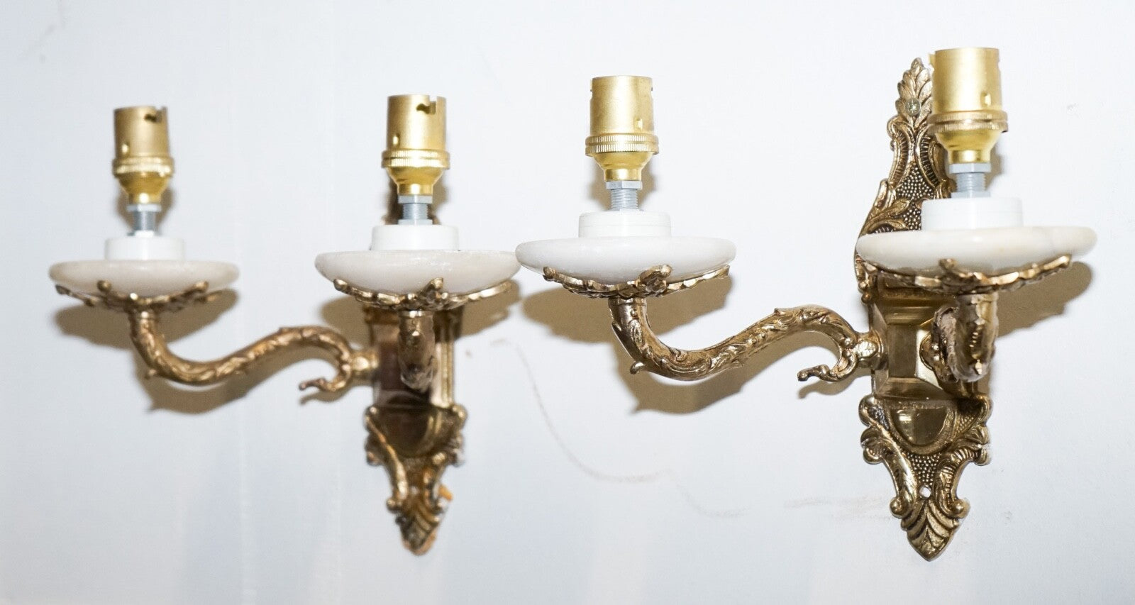 1960'S PAIR OF ALABASTER & BRASS TWIN WALL LIGHTS