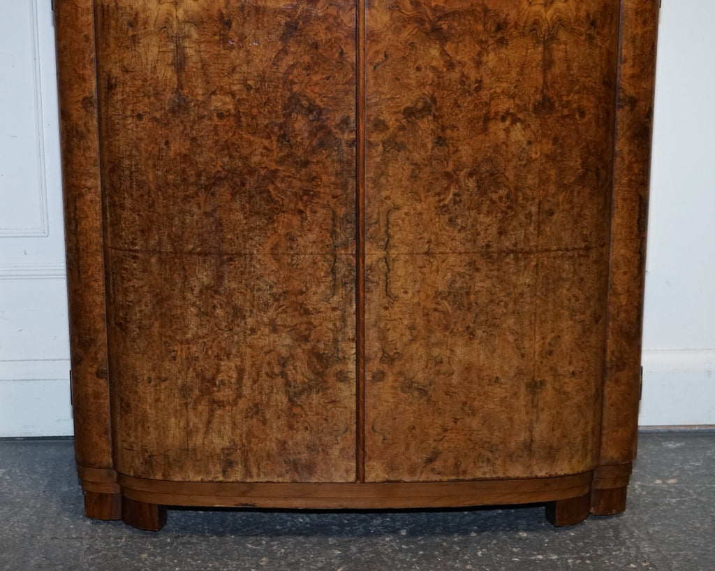 ANTIQUE CIRCA 1930'S ENGLISH BURR WALNUT ART DECO TWO DOOR WARDROBE WITH SHELVES