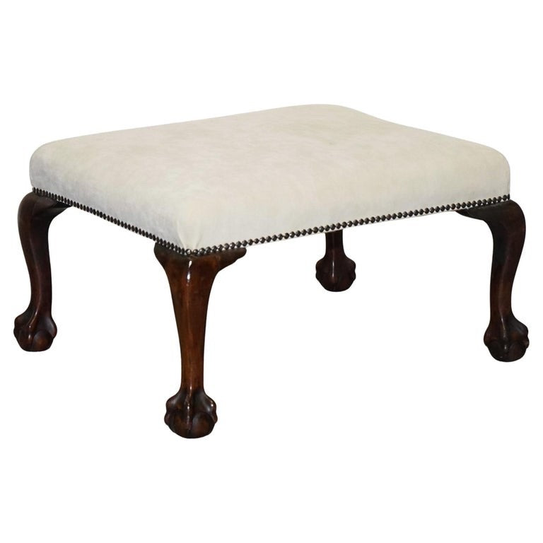 ANTIQUE EARLY VICTORIAN CLAW AND BALL FEET FOOTSTOOL WITH WHITE SUEDE TOP