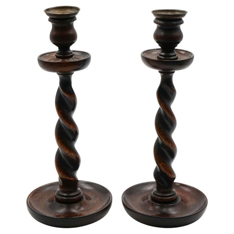 EARLY ViCTORIAN PAIR OF ENGLISH OAK BARLEY TWIST CANDLE STICKS (3)