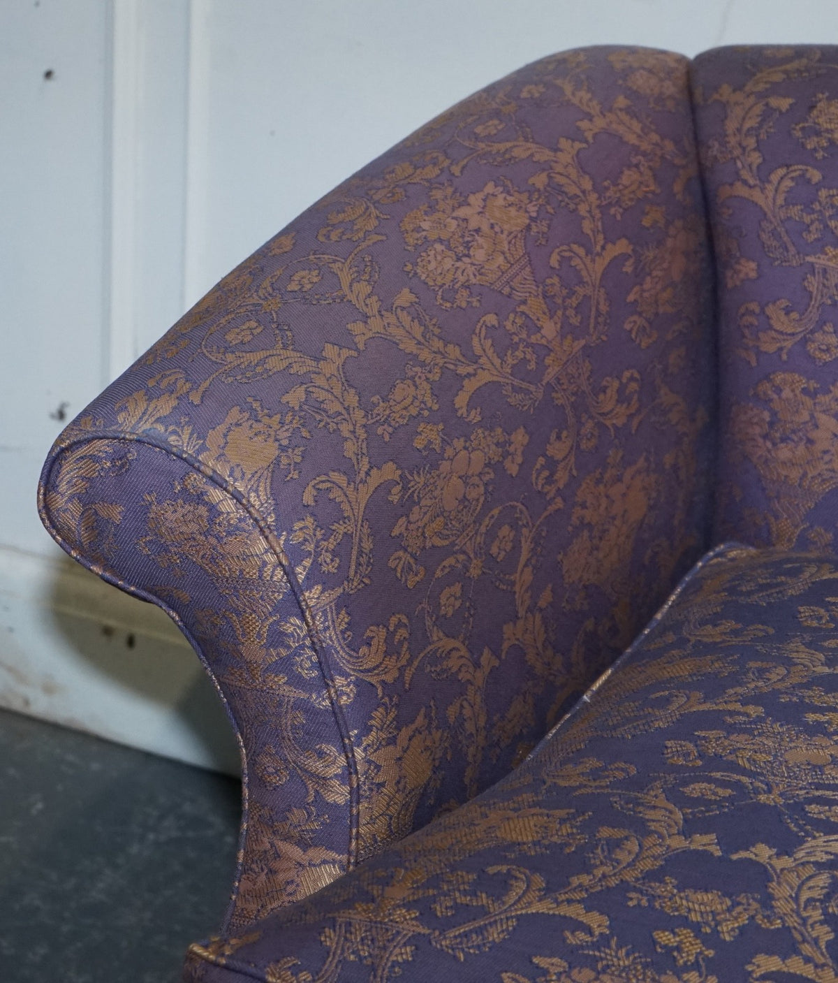 ANTIQUE ENGLISH COUNTRY HOUSE CHIPPENDALE CAMEL BACK FABRIC THREE SEATER SOFA