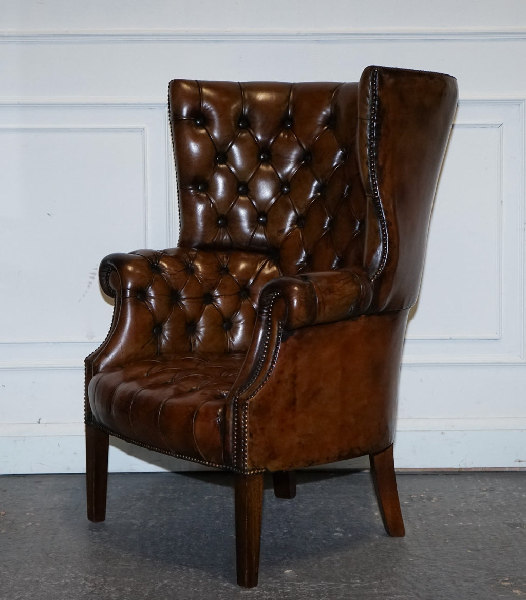 RESTORED CHESTERFIELD HAND DYED LEATHER PORTERS WINGBACK ARMCHAIR
