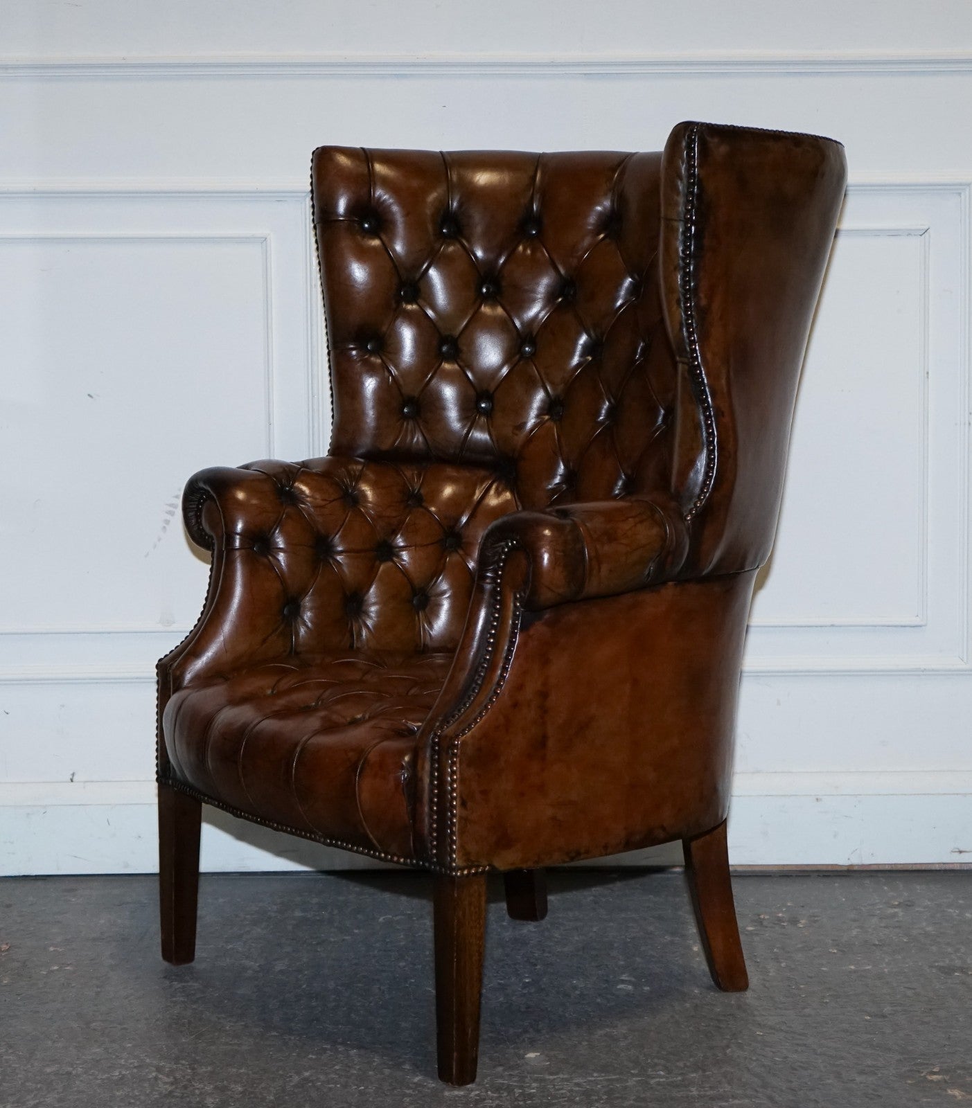 RESTORED CHESTERFIELD HAND DYED LEATHER PORTERS WINGBACK ARMCHAIR