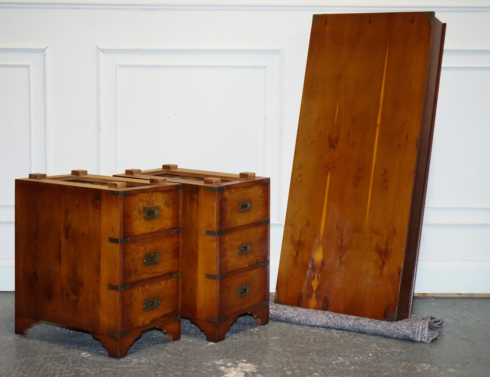 VINTAGE MILITARY CAMPAIGN YEW WOOD TWIN PEDESTAL DESK