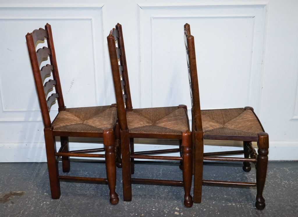 SET OF SIX ENGLISH ANTIQUE CIRCA 1910 LADDERBACK RUSH SEAT DINING CHAIRS