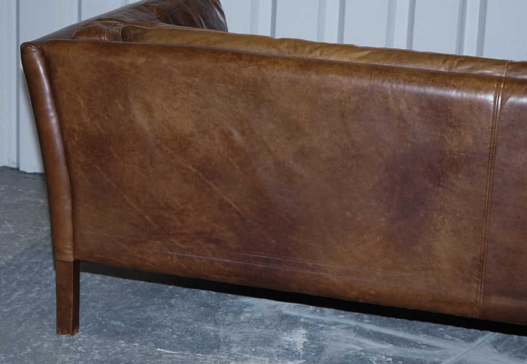 LARGE COMFORTABLE HALO GROUCHO BROWN LEATHER THREE SEATER SOFA