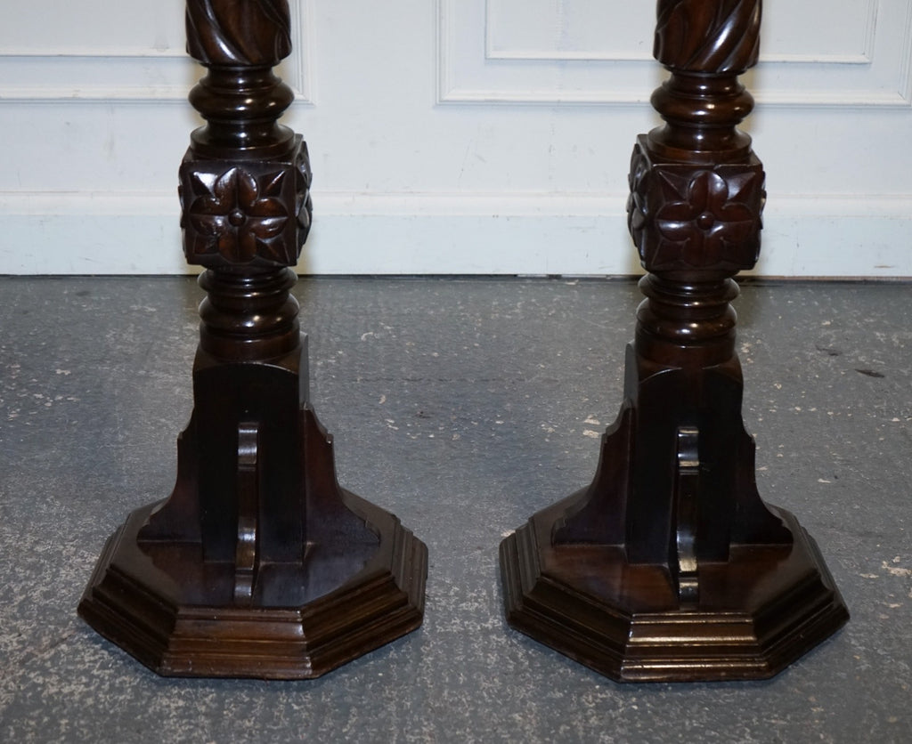 RESTORED PAIR OF EARLY VICTORIAN ENGLISH PEDESTALS WITH WHITE MARBLE TOPS 145 CM