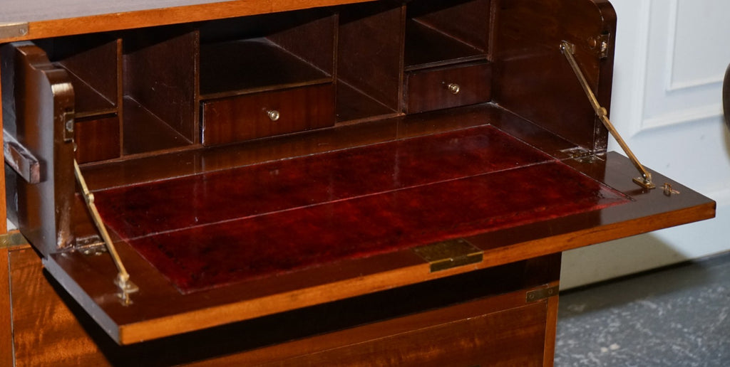 VINTAGE MILITARY CAMPAIGN SECRETAIRE CHEST OF DRAWERS WITH AGED RED LEATHER