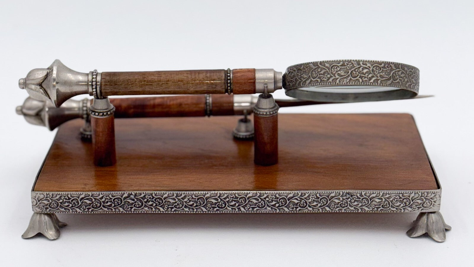 ANTIQUE ENGLISH WALNUT RECEPTION DESK LETTER SET MAGNIFYING GLASS