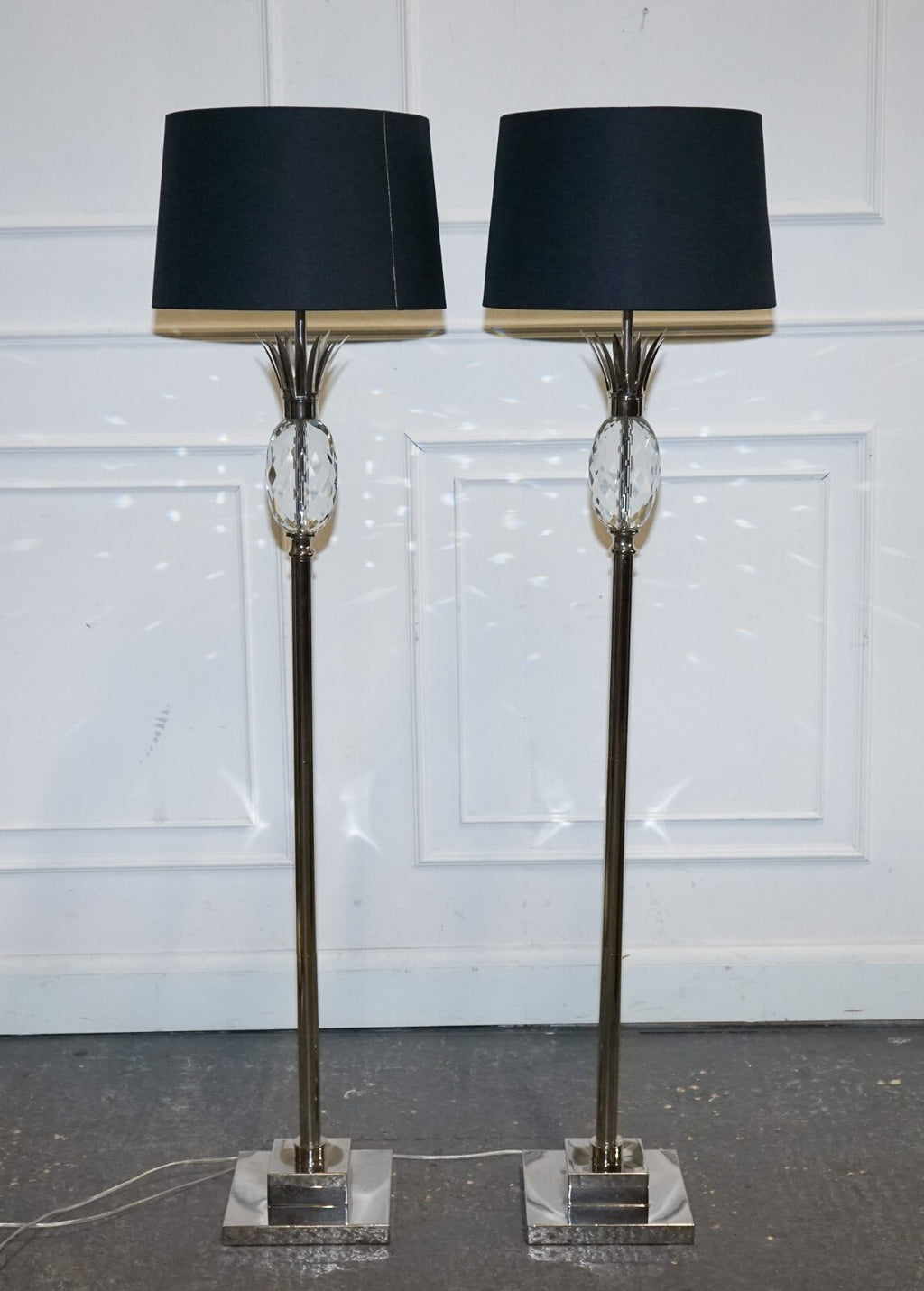 PAIR OF LOVELY FLOOR LAMPS WITH PINEAPPLE DESIGN STAINLESS STEEL BLACK SHADE