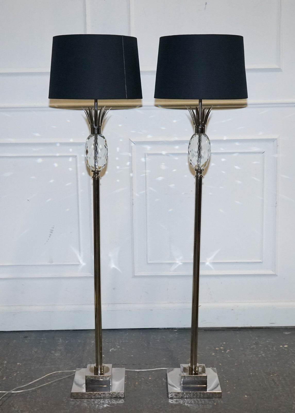 PAIR OF LOVELY FLOOR LAMPS WITH PINEAPPLE DESIGN STAINLESS STEEL BLACK SHADE