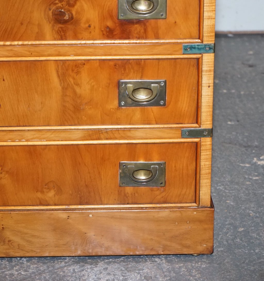 VINTAGE MILITARY CAMPAIGN YEW WOOD SECRETARY CHEST OF DRAWERS WiTH BRASS HANDLES