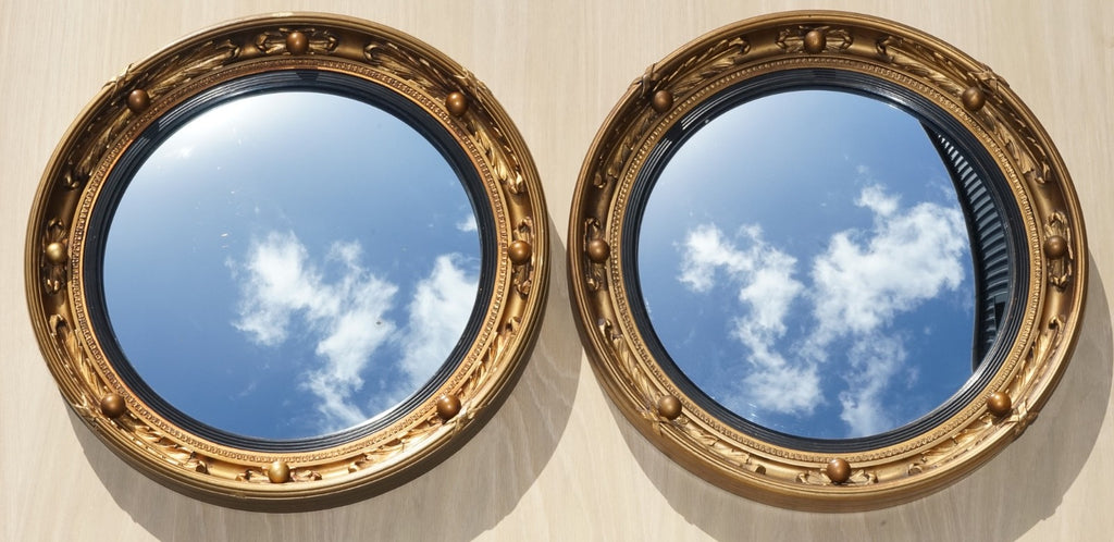ANTIQUE PAIR OF 1930'S ATSONEA  BUTLERS CONVEX GOLD GILT WOOD WALL MIRROR