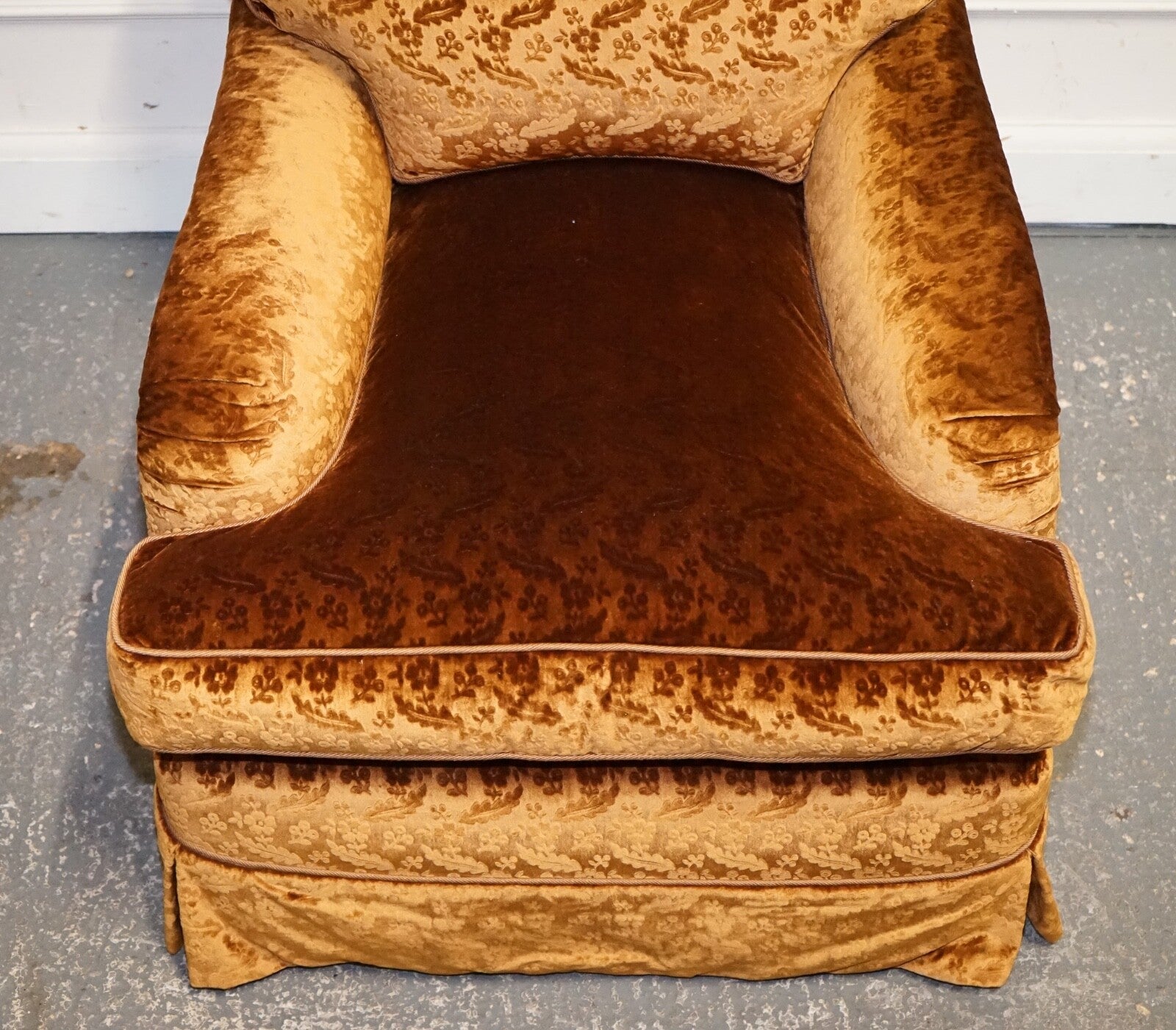 VINTAGE PAIR CUSTOM MADE BROWN GOLD VELVET CONNAUGHT ARMCHAIRS BY DUDGEON LONDON