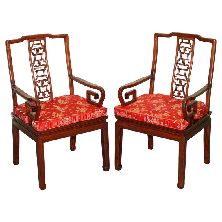 PAIR VINTAGE ORIENTAL CHINESE HARD WOOD CARVER ARMCHAIRS WITH CUSHIONS