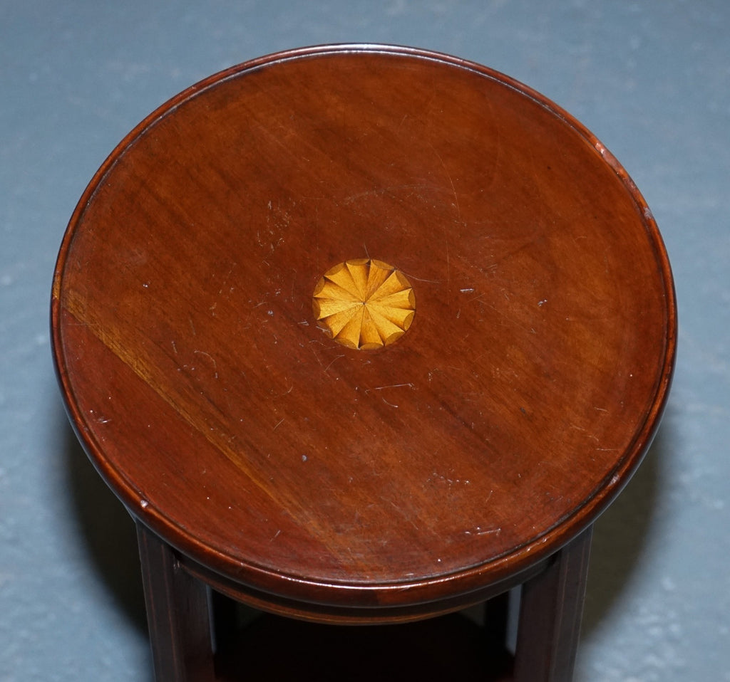 ANTIQUE HARDWOOD TWO TIER PLANT STAND WITH STARBURST MARQUETRY INLAY