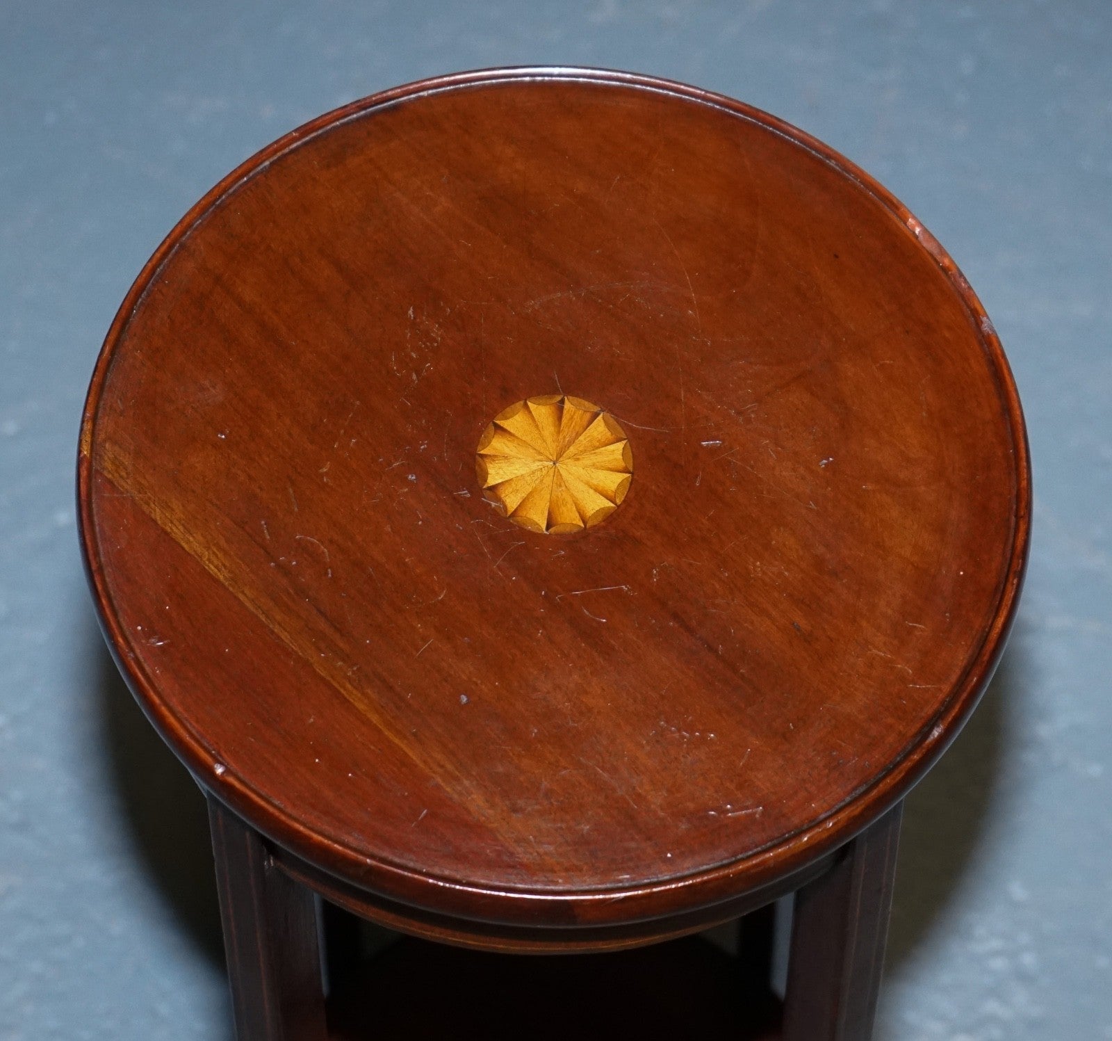 ANTIQUE HARDWOOD TWO TIER PLANT STAND WITH STARBURST MARQUETRY INLAY